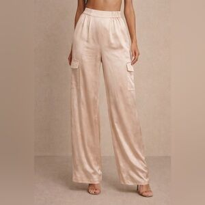 satin effect trouser pants Wide leg large cargo pockets high rise champagne 6 m